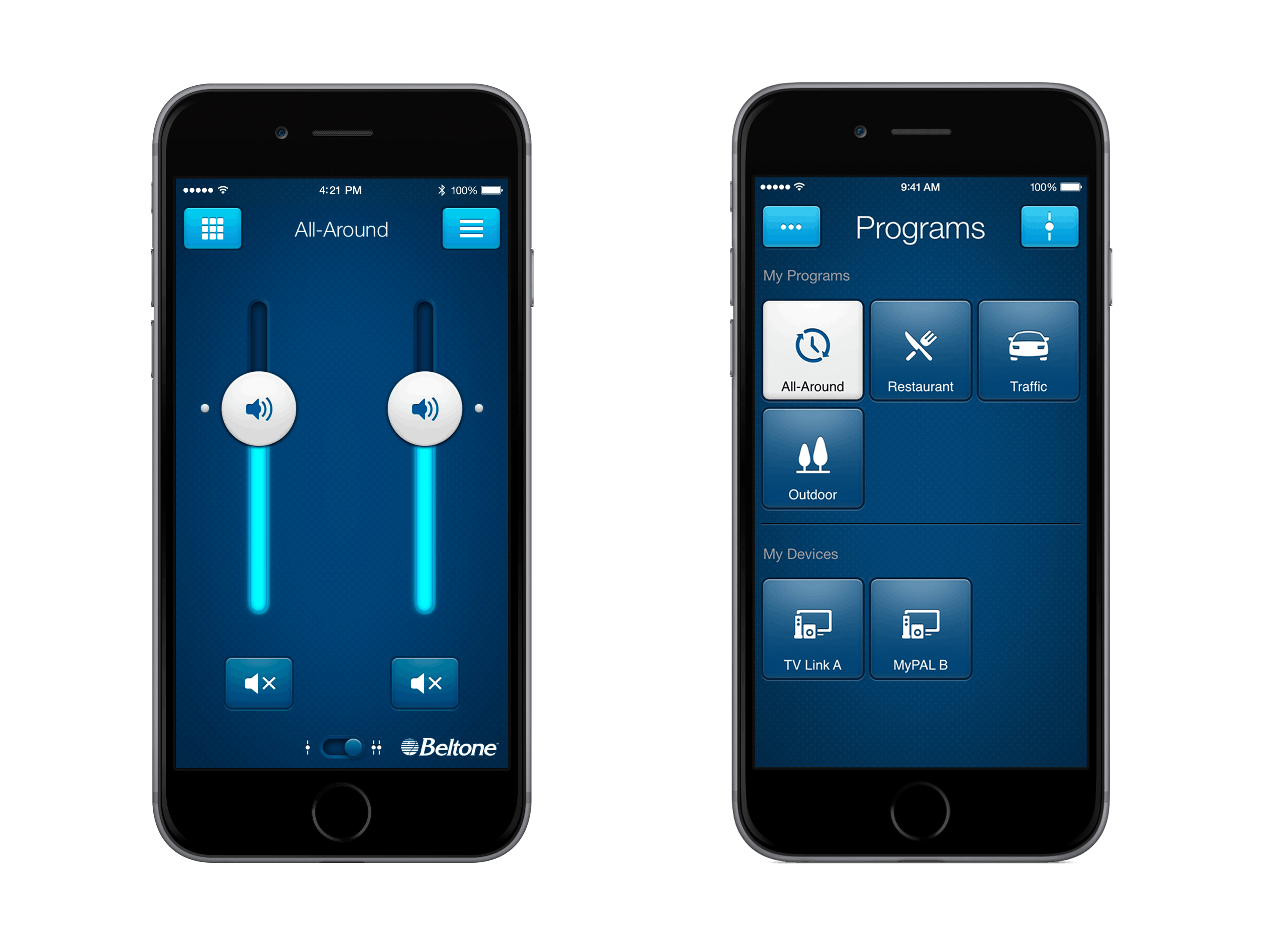 Screenshot of the Beltone HearPlus app. Discreetly adjust your hearing aid's volume and quickly change programs with the HearPlus app. 