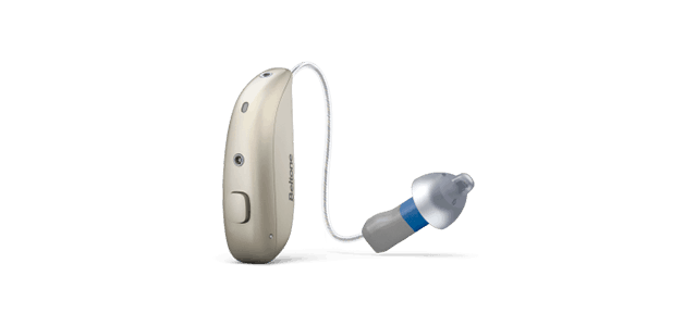 Beige hearing aid with external receiver and ear tip