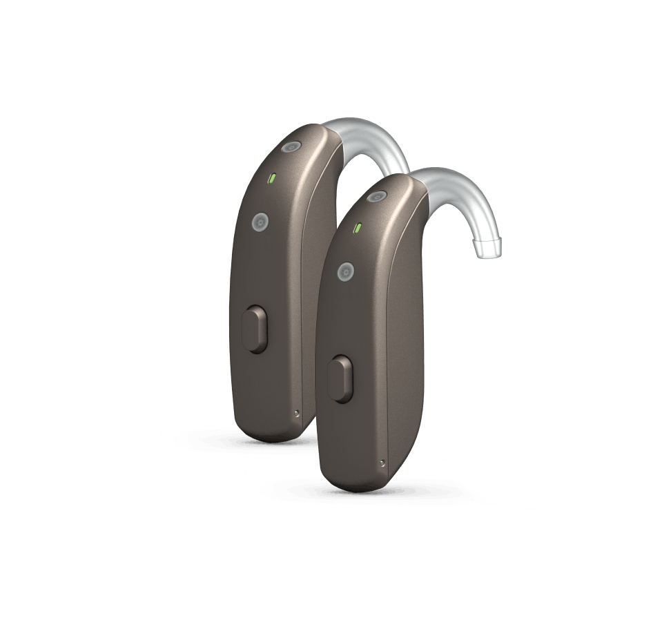 A par of Beltone Imagine Behind-the-Ear (BTE) hearing aids