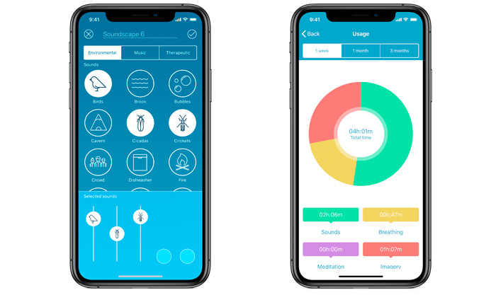 ReSound Relief appskärmar: färgschema och personlig ljudbild.