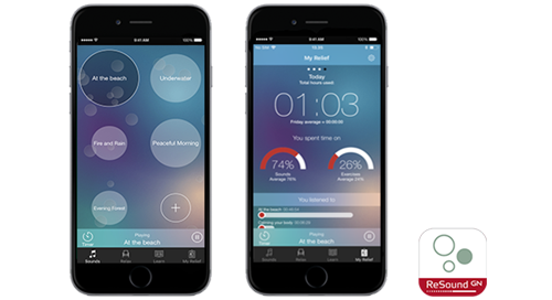 Écrans de l'application ReSound Relief.